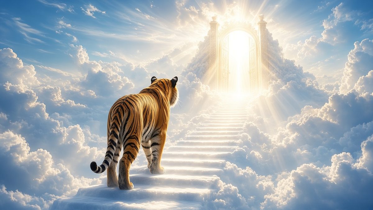 Tiger climbing cloud stairway to the gate